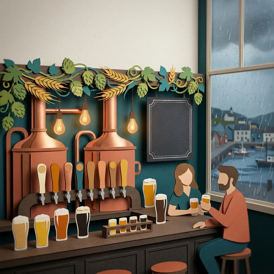 Balcão de cervejaria artesanal com torneiras e copos, e a chuva na janela ao fundo