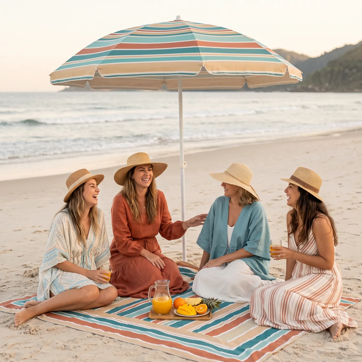 Quatro amigas sentadas na areia sob um guarda-sol listrado, conversando de frente para o mar