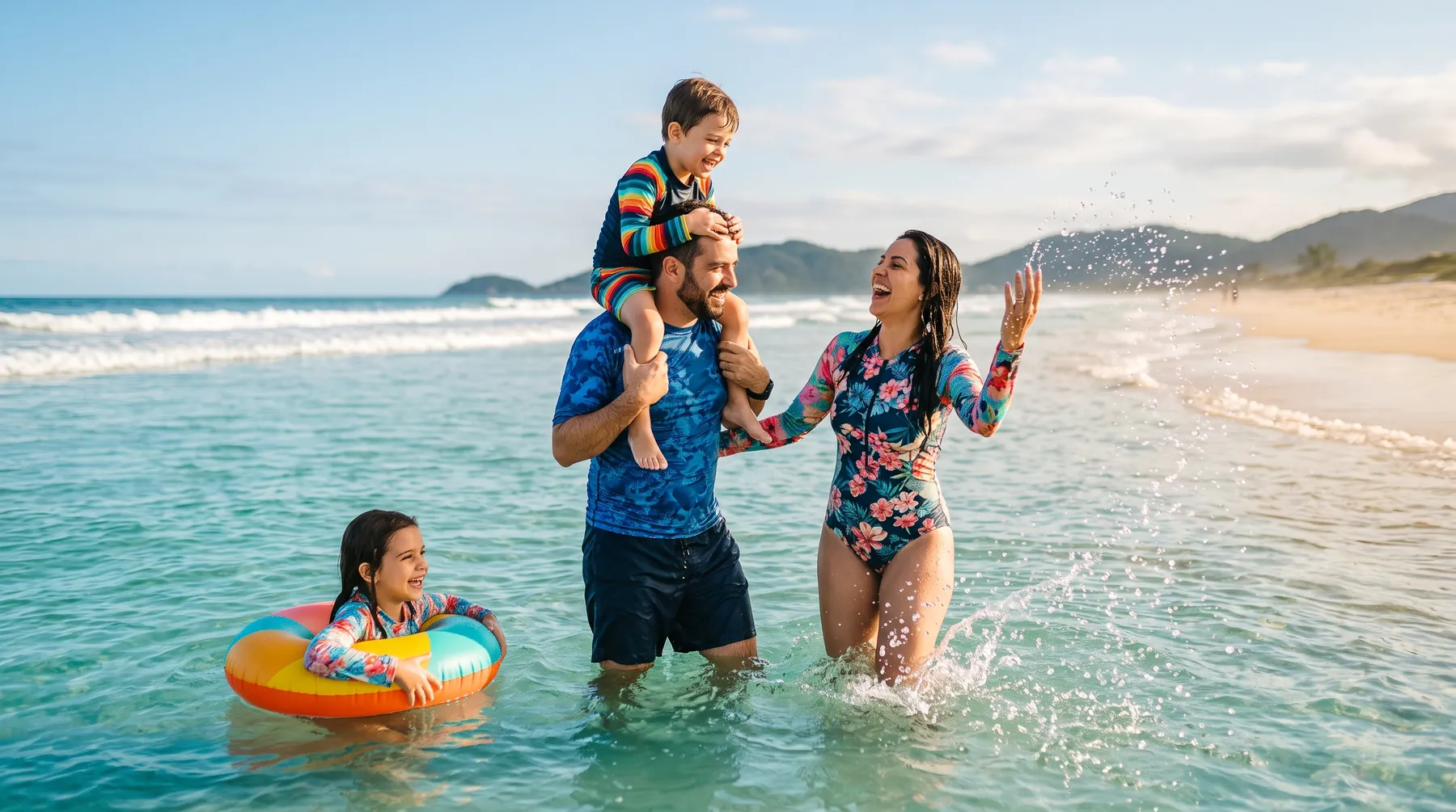 Família brincando na água rasa numa praia de mar claro